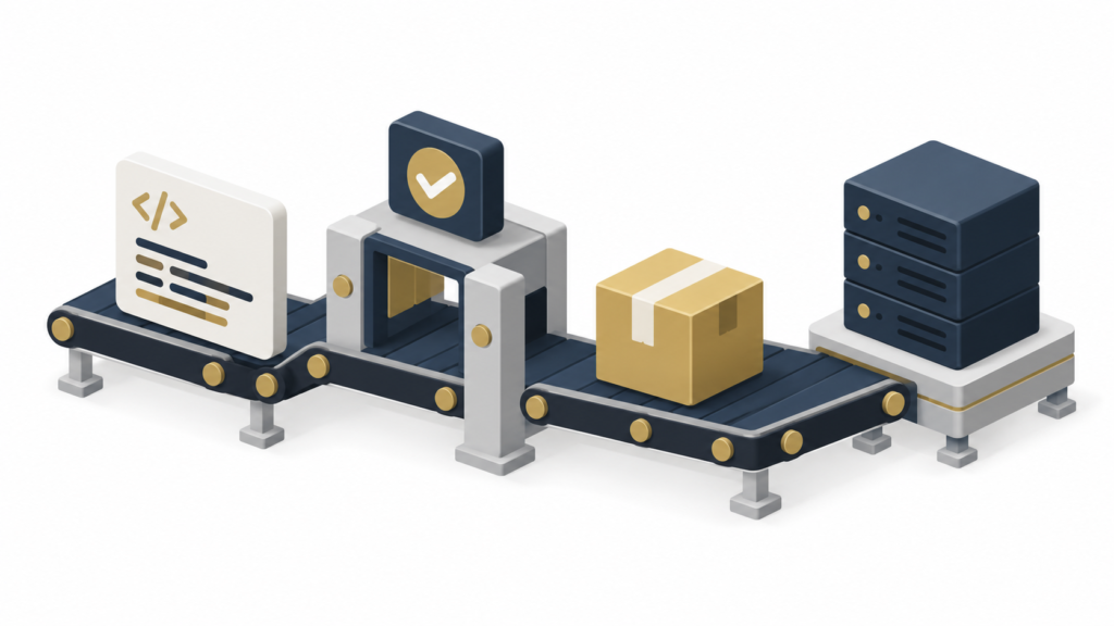 Illustration of code moving through testing, packaging and deployment