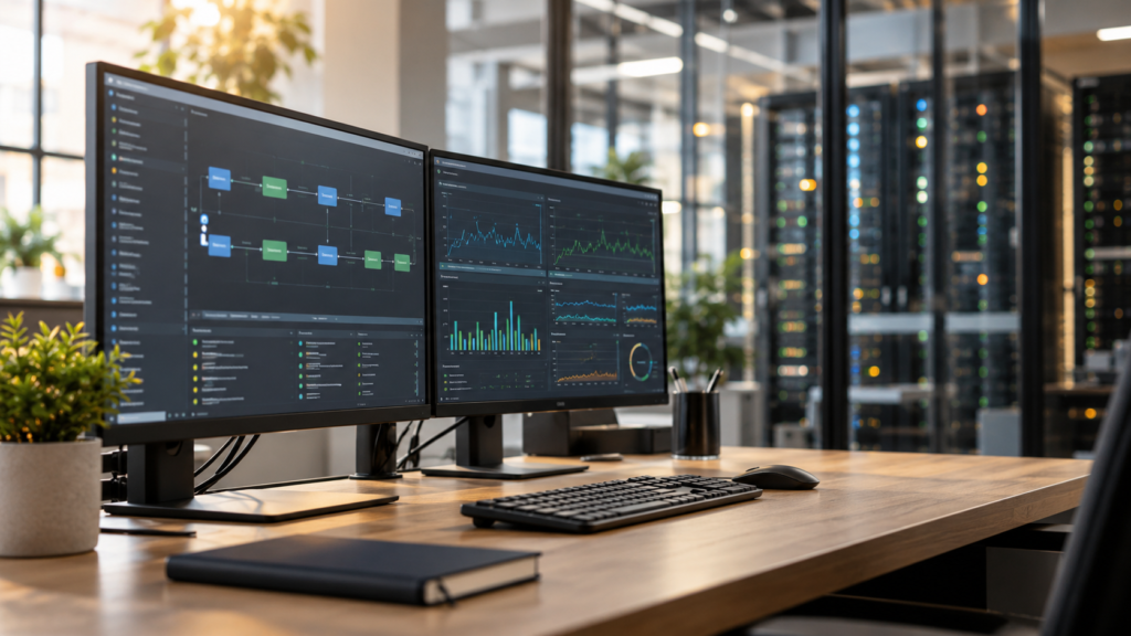 DevOps workstation with deployment and monitoring screens