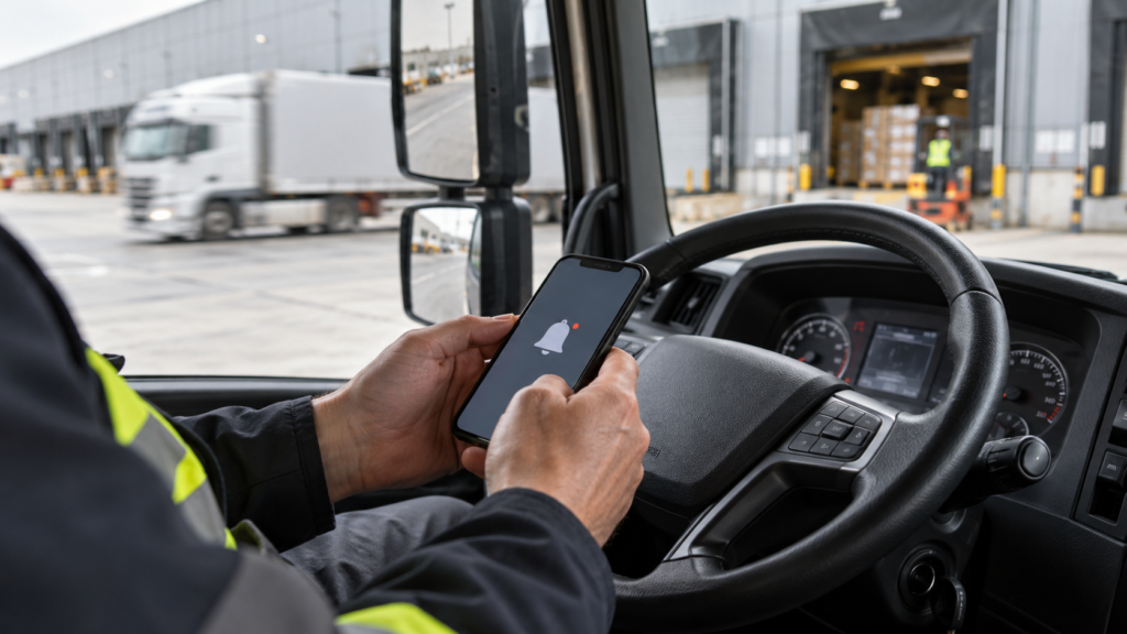 Driver checking a notification in a parked truck