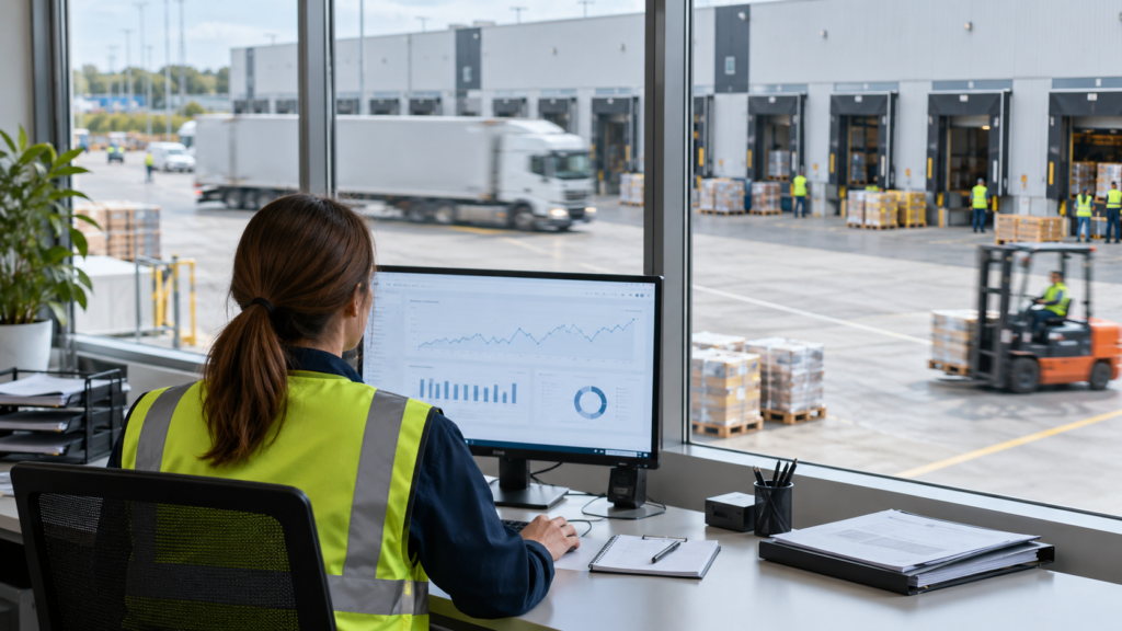 Logistics supervisor reviewing operational reports