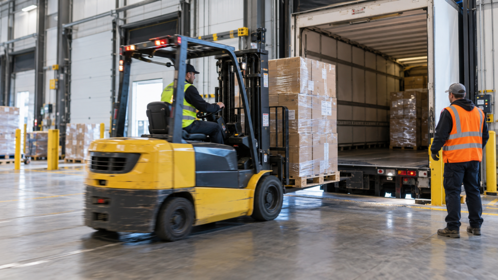 Forklift loading cartons into a trailer