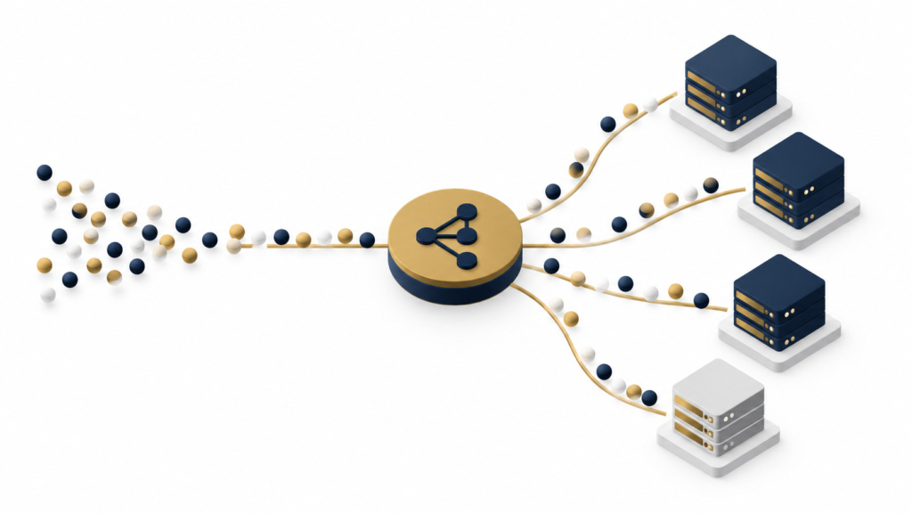 Incoming requests distributed across multiple application servers